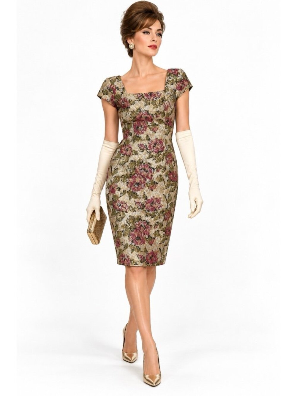 vintage 60s BOMBSHELL METALLIC DRESS floral brocade LARGE office siren wiggle